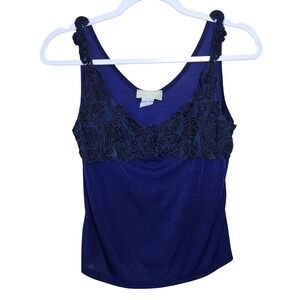 Navy‎ Blue Embroidered Trim Tank Cami S/M Cropped Y2K Whimsical Slinky Layer